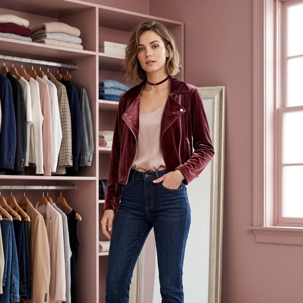 Allegra K Velvet Lapel  Moto Biker Jacket burgundy, cropped zip closure,size XS